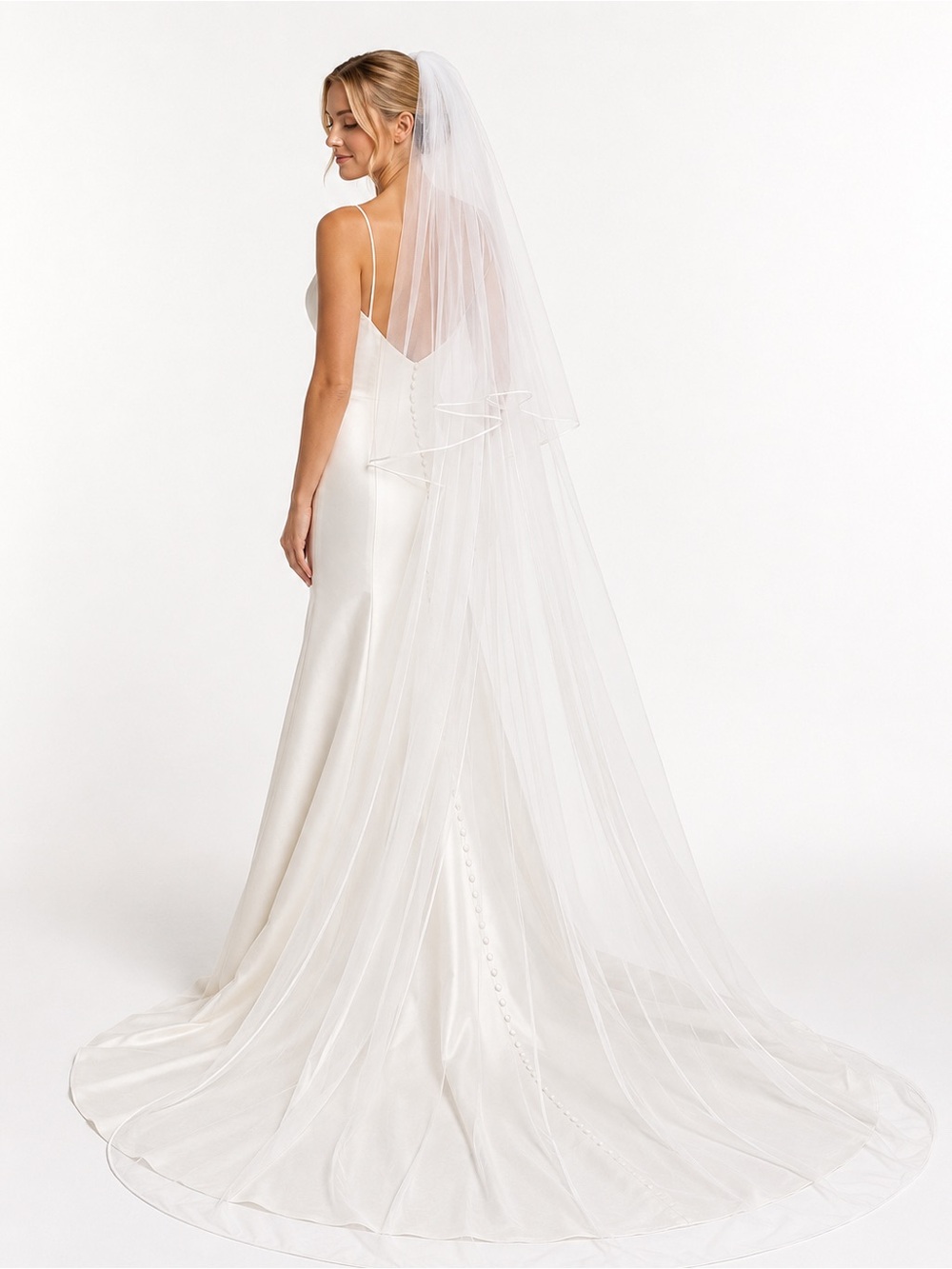 NWOT White Two-Tier Tulle Cathedral Length Bridal Veil with Blusher
